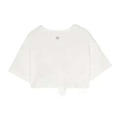 Cropped T-shirt z paskami na przodzie i nadrukiem z logo