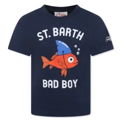 Niebieski T-shirt z nadrukiem złotej rybki