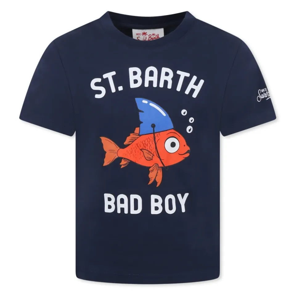 Niebieski T-shirt z nadrukiem złotej rybki