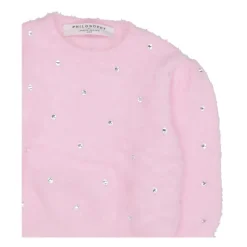 Różowy sweter z imitacji futra z dżetami