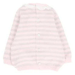Różowy sweter z wełny z beżowymi paskami