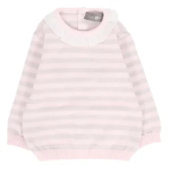 Różowy sweter z wełny z beżowymi paskami