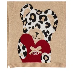 Sweter z dekoltem typu teddy i plamistym motywem z przodu