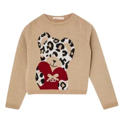 Sweter z dekoltem typu teddy i plamistym motywem z przodu