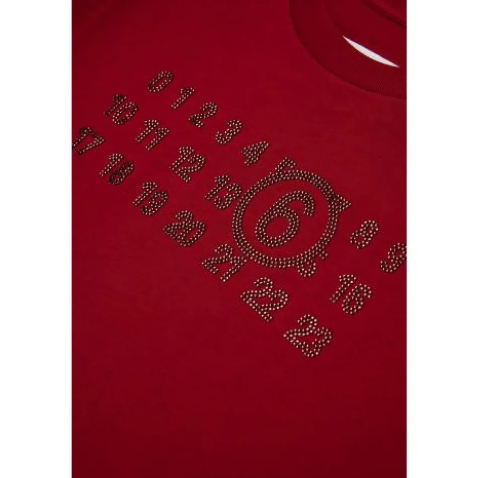 T-shirt z logo i dżetami oraz asymetrycznym dołem